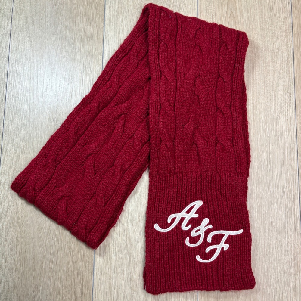 Abercrombie & Fitch Y2K Red Cable Knit Scarf Wool Angora Embroidered Logo 72x7"